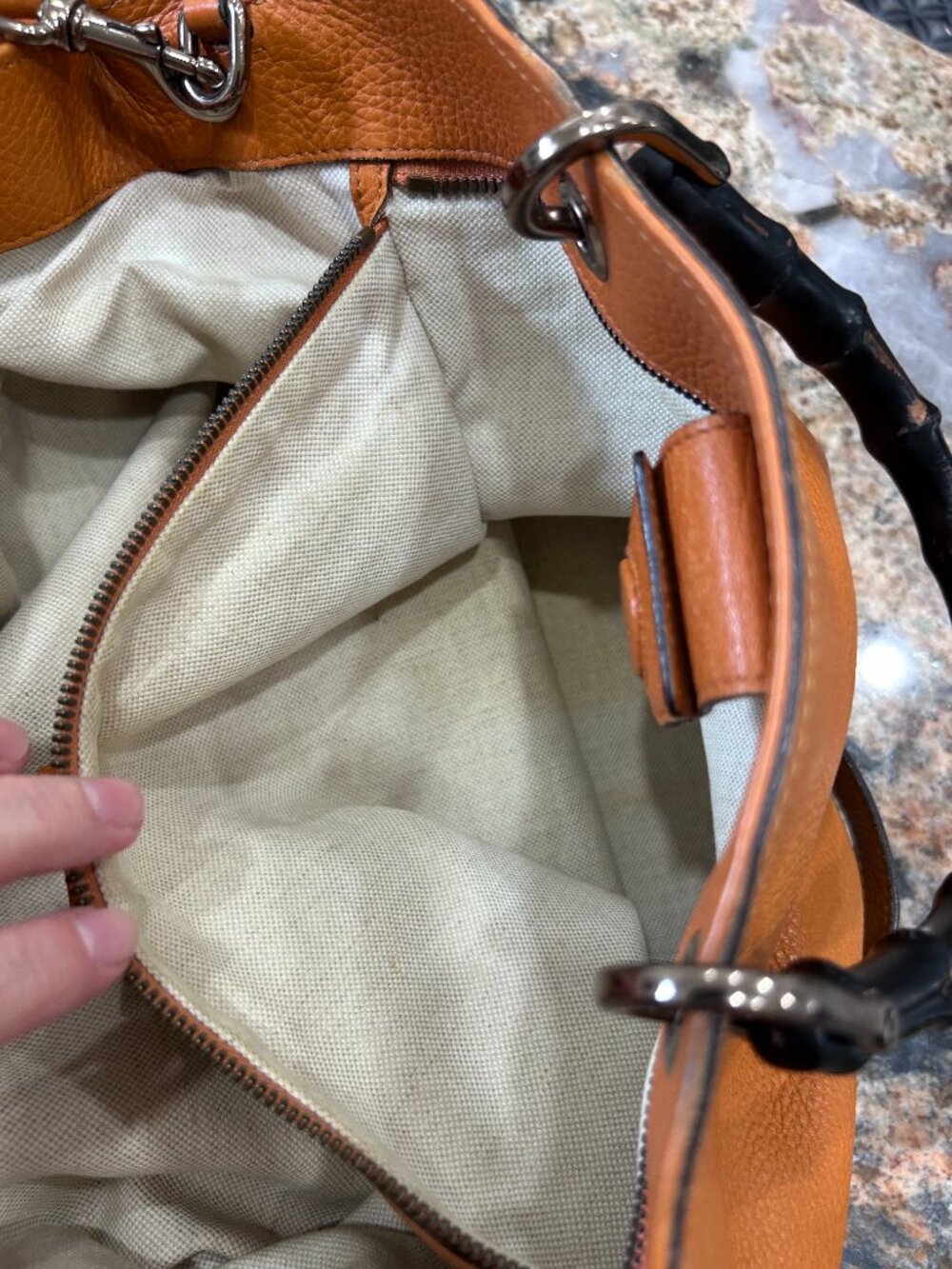 Tan Orange Pebbled Gucci Handbag with Bamboo Handles & Shoulder Strap – Preowned - Picture 13 of 16